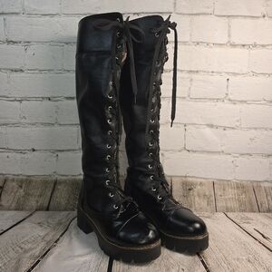 WOMENS BLACK KNEE HIGH LACE-UP GOTH BOOT CHUNKY HEEL PLATFORM ROUND TOE  38